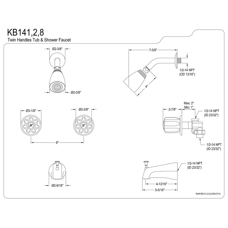 Kingston Brass KB148 Twin Acrylic Handle Tub and Shower Faucet,