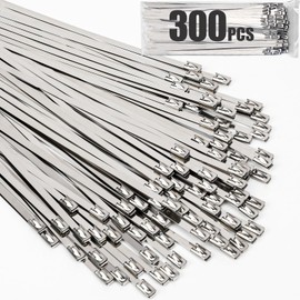300pcs Metal Zip Ties, 12 Inch 304 Stainless Steel Zip Ties, Self-Locking Cable Ties 200lbs Tensile Strength, Metal ZipTies Heavy Duty for Machinery, Exhaust Wrap, Farms, Pipes, and Outdoor Fence