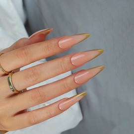 MERVF Long Press on Nails Stiletto Fake Nails Gold French Tip Glue on Nails Press ons Almond Clean Solid Color Acrylic False Nails Glossy 24pcs