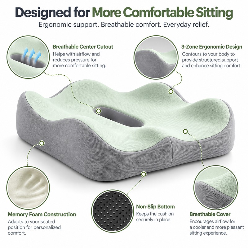 Ergonomic Memory Foam Seat Cushion for Daily Sitting – 3-Zone