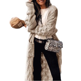 ZIWOCH Women's Long Cardigan Coats Cable Knit Casual Open Front Long Sleeve Loose Sweater with Pockets Beige