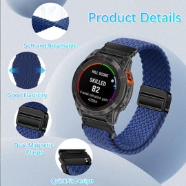 RanBluu QuickFit 26mm Strap for Garmin Tactix 8 51mm/fēnix 8 51mm/Enduro 3/Fenix 7X/6X, Magnetic Clasp Replacement Band, Elastic Braided Nylon Sport Bracelet for Garmin Descent Mk3i, Blue