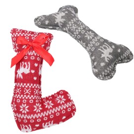 AB Tools Dog Plush Play Squeaky Patterned Stocking & Bone Toy Bundle