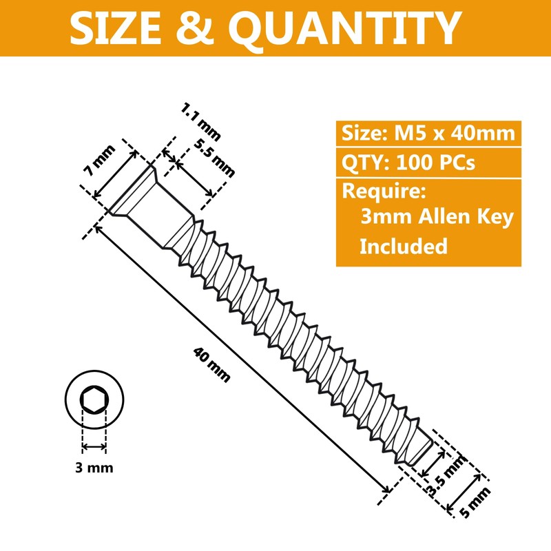 YaaYii M5 x 40mm Confirmat Screws Black 100 PCs, Hex