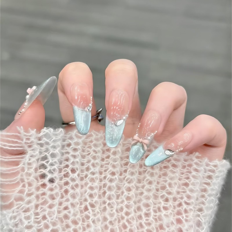 [NEURAD]ネイルチップ ロング 青 30枚入マグネットタイプ 夏限定 ソルトブルー人魚ネイル｜ふんわりキャッツアイ × グラデーションリボン付け爪 ネイル 人気