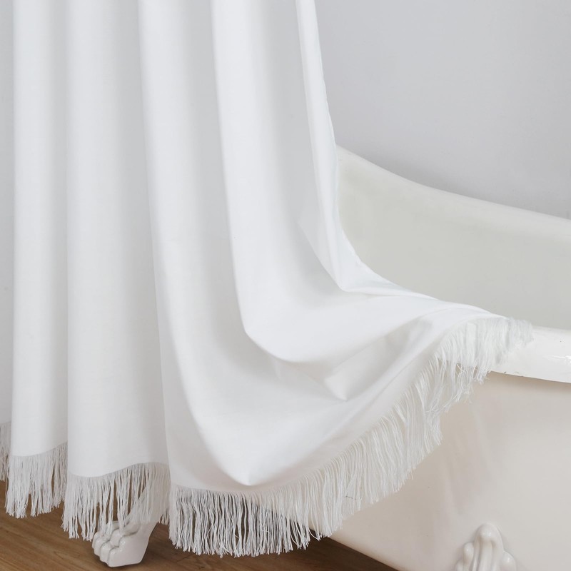 BESTRIPES Extra Long Fabric Shower Curtain, Solid White Tassel Cloth