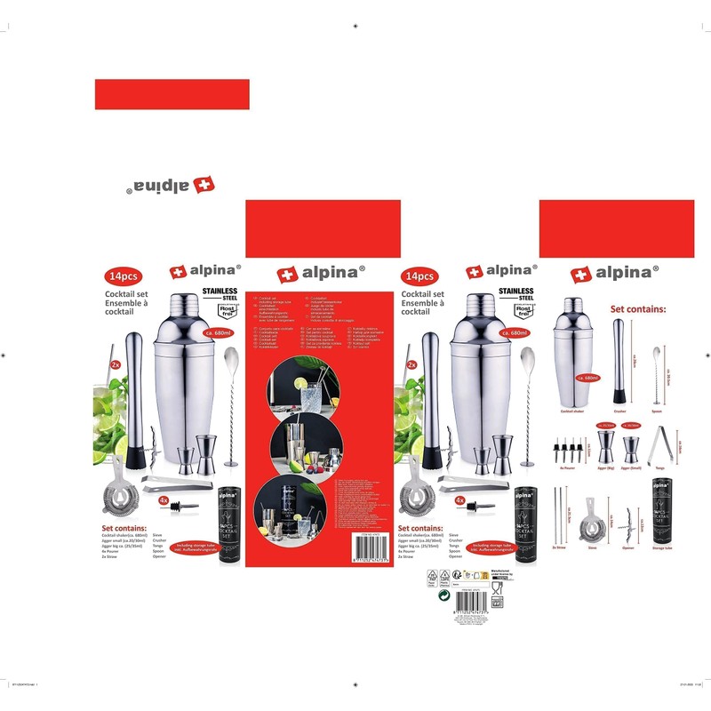 alpina Cocktail Set Complete – 14 Pieces – Cocktail Shaker/Stamper/Jigger/Etc