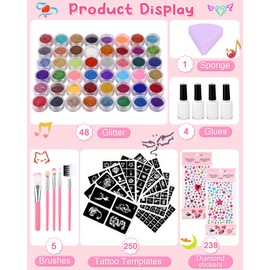 Glitter Tattoo Set Children, 48 Colours, 250 Stencils, 238 Rhinestones, 5 Brushes, 4 Glues, 1 Beauty Sponge, Waterproof Tattoo, Children's Make-Up Body Glitter, Gift Party, Birthday, Easter, Christmas