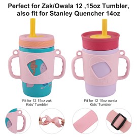 Sippy Cup Handles,Silicone Bottle Sleeve Compatible With Owala, Zak 12 &15 oz Kids Tumbler,Wide-Neck,Fit for Diameter 3.15-3.55 inch Bottle-1 Pack (Pink)