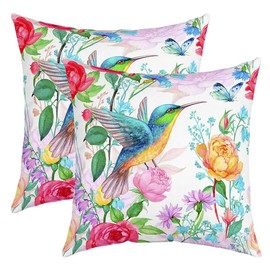 Feelyou Set of 2 Hummingbird Throw Pillow Covers, Watercolor Hummingbird Flowers Cushion Case for Home Living Room Decor, Reversible Tropical Birds Decorative Throw Cushion Case, 20x20 Inches