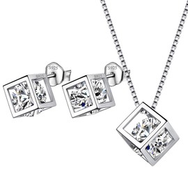 Aurora Tears Birthstone Necklace Stud Earrings Jewellery Sets Gifts Square Birthstone Pendant for Women and Girls 925 Sterling Silver, Jewellery Sets