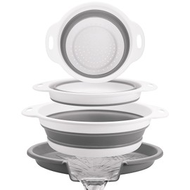 Cluren Collapsible Colander Set with Universal Draining Tray | 3-Pack Foldable Kitchen Strainers + Base | Space Saving for Pasta, Veggies, Fruit & Rice | 5 Colors (Gray-White)