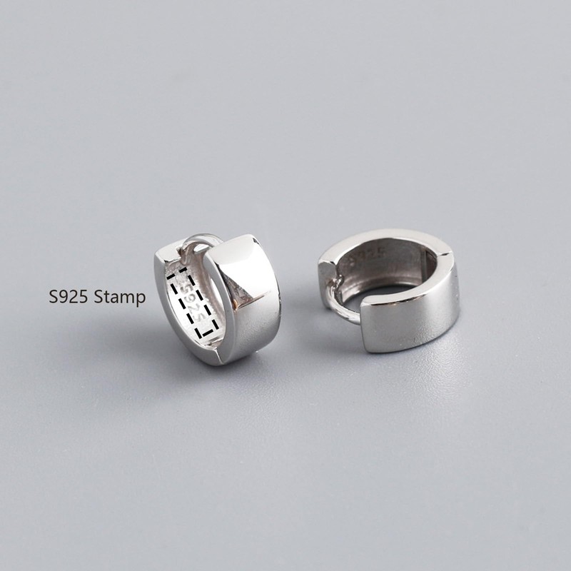 Italian Sterling Silver Hoop Huggie Earrings for Men, Wide Shiny