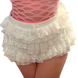 Women Layered Ruffle Shorts Y2K Lolita Bloomer Lace Trim Booty Mini Micro Boy Shorts Cute Fluffy Pettipants(B White,M)