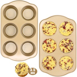 Nonstick Carbon Steel Jumbo Muffin Pans 6 Cup 2 Pack Extra Large Cupcake Tins Nonstick Coating 3.5 Dia Oven Safe Baking Premiumcolor: Gold-6cup jumbo muffin pan 2 pack