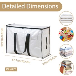 YiZhou 4 Pack Heavy Duty Storage Bags | 95L Moving Totes with Lids & Clear Panel | Waterproof for Home, Moving, Travel (4 Pack)