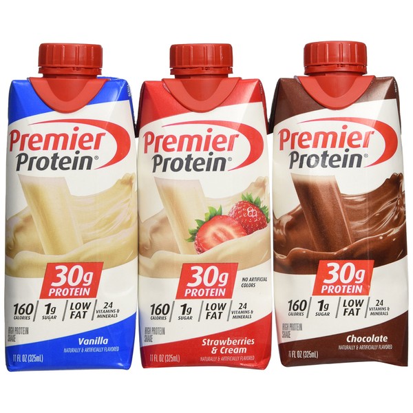 Lot of 12 Premier Protein 30g High Protein Shakes 11 Oz. Variety Pack Contains Chocolate, Vanilla & Strawberries & Cream