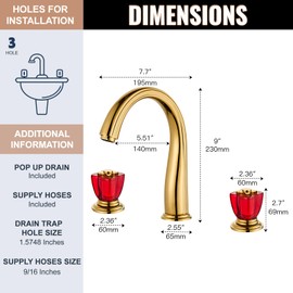 Bathroom Faucets for Sink 3 Hole, 8 Inch Gold Widespread Bathroom Vanity Lavabo Faucet 2 Cross Handles Vintage Lavatory Unique Vessel Mixer Tap with Pop up Drain,Supply Hoses, Without Hot Cold Label