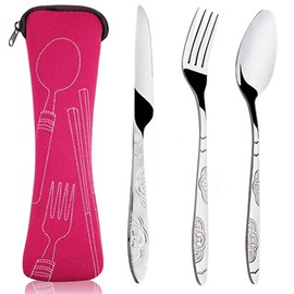 Acehome Cutlery Set with Portable Pouch Case, Stainless Steel Flatware Camping Utensil Set with Neoprene Bag for Outdoor Travel Picnic Office School Lunch Box (3 Pcs Rose Red)