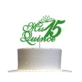Mis Quince 15 decoraciones de quinceañera con purpurina, quince ideas para decoración de fiesta de cumpleaños, decoración de calidad premium, purpurina resistente de doble cara, palo de acrílico. Fabricado en Estados Unidos (verde)