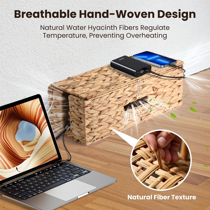 2 Pack Cable Management Box with Lid, Handwoven Water Hyacinth
