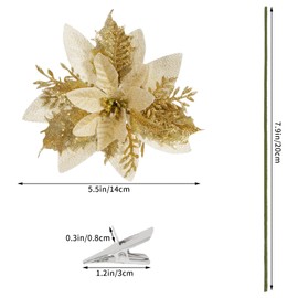 Nydotd 18pcs Poinsettia Artificial Christmas Flowers with Clips and Stems, Glitter Poinsettia Christmas Tree Ornament, Artificial Flowers for Christmas Tree Wedding Decorations Xmas Tree Wreath (Gold)