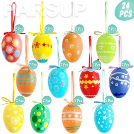 24Pcs Easter Hanging Eggs, Multicolored Plastic Egg Hanging Tree Ornaments, Decorative Hand Painted Eggs DIY Crafts Ornaments with Various Style Stripes Dots Flowers for Easter Decoration