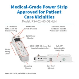 Tripp Lite Eaton Medical Hospital Power Strip for Patient Care Vicinity, UL 1363A Certified, 4 Outlets + 2ft Cord, Cart & IV Pole Mount Option, Lifetime Manufacturer's Warranty (PS-402-HG-OEMLM)