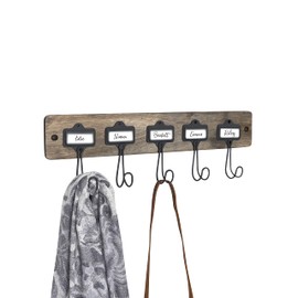 Spectrum Vintage Living 5 Hook Coat Rack Wall Mount with Nameplates for Easy Organization of Coats Jackets Backpacks & More, Wall Mounted Sturdy Rack Storage, Aged Gray Wood Industrial Gray Hooks