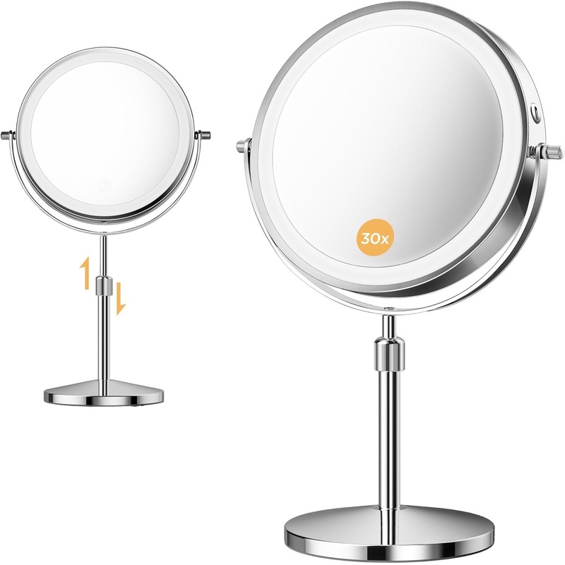 9 Inch Double-Sided Makeup Mirror, 1X/30X, 3 LED Lights, 5000mAh