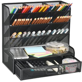 Marbrasse Mesh Pen Holder for Desk, Multi-Functional Pencil Organizer with Drawer, Desk Organizers and Accessories for Office Art Supplies (Large Black)