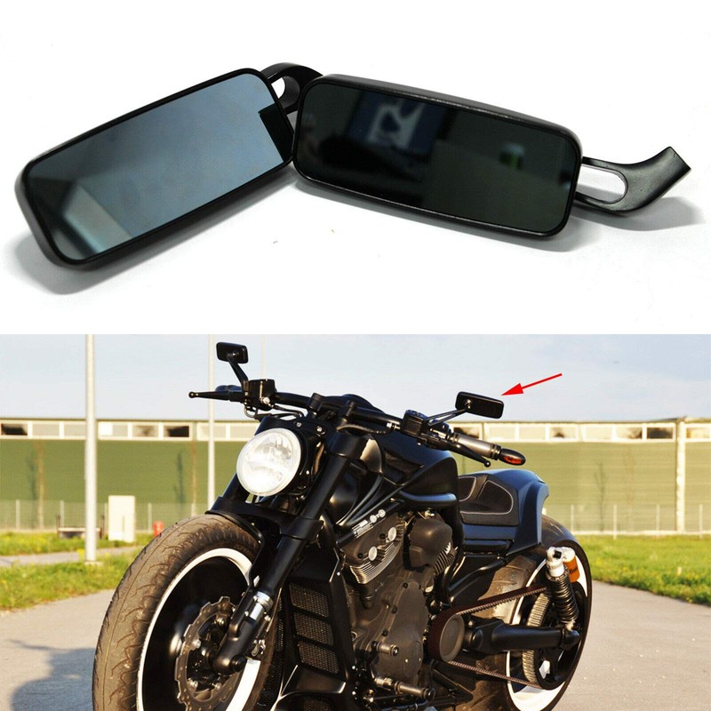 Motorcycle Black Rectangle Bobber Mirrors Blue Glass Rear View Mirrors