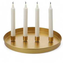 MIJOMA - Rundes Metall-Tablett Ø25cm, Ideal für Advent & Alltagsdekoration, Pulverbeschichtet, Mit 4 Magnetischen Stabkerzenhaltern für Kerzen Ø2cm, Individuell Arrangierbar (Gold)
