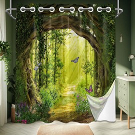 Bxpaitx Green Enchanted Forest Hookless Shower Curtain with Snap in Liner Set, Tree Scenic Nature No Hook Shower Curtains for Bathroom, Liner with Magnets, Waterproof Cloth Fabric, 71" W x 74" L