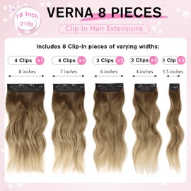 Clip in Hair Extensions, 16 Inch Omber Blonde Hair Extensions Clip Ins Wavy, 8PCS Synthetic Thick Hairpieces for Women