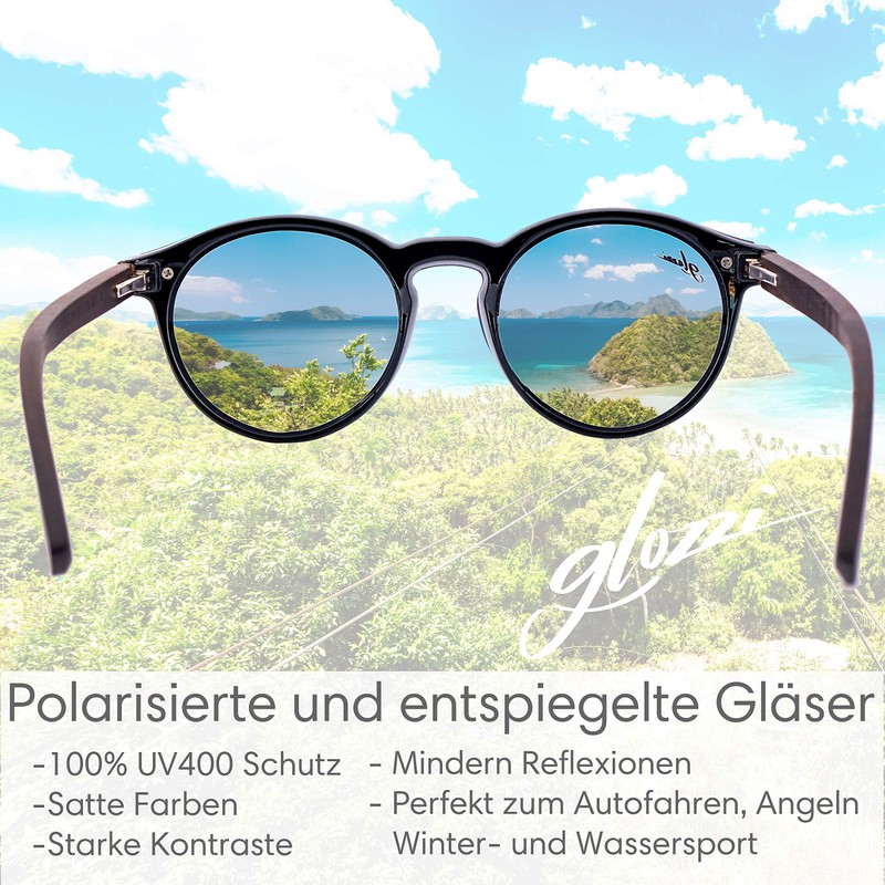 glozzi Women's Sunglasses Polarised UV400 Wood Round with Wooden Temple