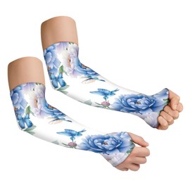 Hobbspring 1 Pair Gardening Sleeves Blue Flowers and Hummingbirds Pattern Farm Sun Protection Thorn Proof Sleeves Cover Arm Cooling Arm Sleeves for Garden Outdoor Sports