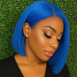 CUEKT 13x6 Blue Bob Lace Frontal Wig Human Hair Short Straight Transparent Front Wig Natural Density Pre Plucked Hairline Colored Bob Wigs for Women 12 Inch