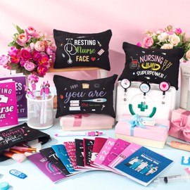 Yeaqee 48 Pcs Nurse Week Gifts 2025 Nurse Appreciation Gifts Set Include Makeup Cosmetic Bag Pocket Journal Notebooks Ballpoint Pens Badge Reel for Nursing Students Supplies(Black,Nursing)