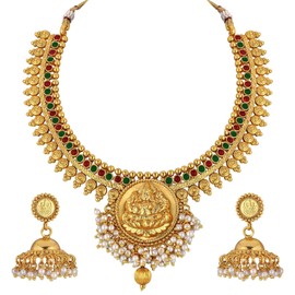 Aheli Indian Traditional Temple Necklace Jhumki Jhumka Dangle Earring Set Studded with Faux Stone Bollywood Wedding Jewelry Gift for Women