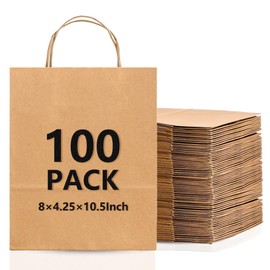 Nutribox Brown Paper Gift Sacks 100pcs 8 x 4.25 x 10.5In Gift Bags with Handles Bulk Kraft Paper Goodie Bags for Birthday, Party Favor, Sturdy Shopping Bags Food Safe Snacks Bags Small Business Bags