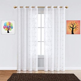 Warm Home Designs Par de 2 Cortinas Blancas Transparentes de Longitud Corta con un Bordado de Hojas Cosidas. Cada Cortina con Ojales 137 cm (Ancho) x 160 cm (Alto 54 x 63 Pulgadas M Linen 63