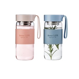 DNIENKGE Glass tea bottle 16 oz drinking bottle with Non-Slip holster, and Stainless Tea leak, Leak Proof Lid for School, office, car，home,as a gift, etc (Blue+Pink)