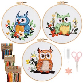 ASTNIC Embroidery Set for Beginners, 3 Pieces Owl and Flower Embroidery Set Adults, Detail Instructions Video Embroidery Kit, Embroidery Clothing, Threads and Needles DIY Art Project Craft Set (Owl