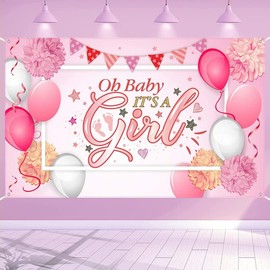 Oh Baby It's A Girl Baby Shower Party Backdrop Decorations Large Pink Baby Shower Birthday Banner Backdrop Photo Background for Girl's Baby Shower Party Supplies