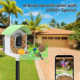 Gyozol Bird Feeder with Camera, AI Identify Birds Species, FHD 2K Video Quality Bird Watching, Wireless Outdoor Weatherproof Birds House, Solar-Powered, for Garden, Yard,Patio, Green