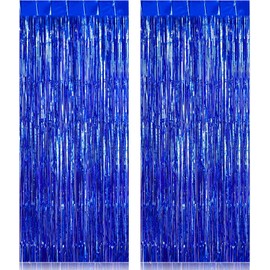 2 Pack Fringe Curtains Backdrops, Foil Fringe Curtains, Door Streamers for Birthday Wedding Bridal Shower Holiday Graduation Party Decorations, Photo Booth Backdrops, Blue