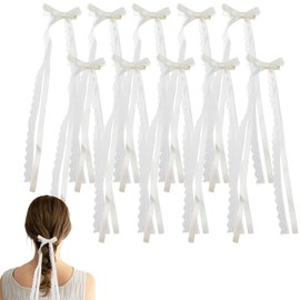 10 PACK White Lace Hair Bows Clips, Lace Hair Bow Clips for Women, Tulle Bowknot Hair Clips, Long Tail Hair Accessories, Cute Tassel Hair Ribbons