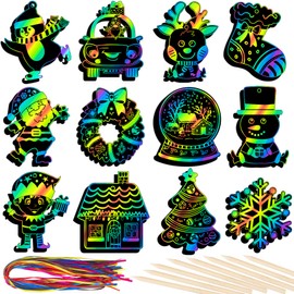 RICEDUO Christmas Scratch Crafts Art for Kids, 48 Pieces Rainbow Scratch Paper Art With Wooden Sticks, Ornaments for Kids Party Favors Supplies