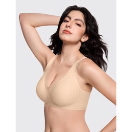 LetsJoli Deep V Mesh Wireless Bras for Women No Underwear Seamless Push Up Comfortable Tshirt Bralettes Everyday Bra(Nude,M)